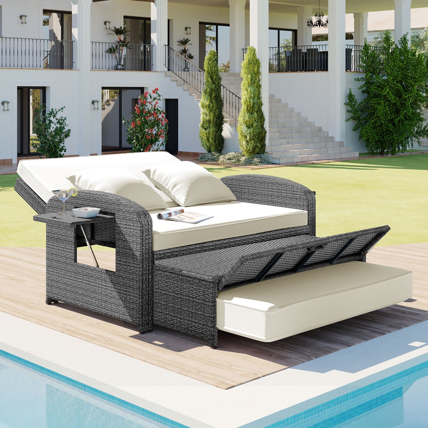 PE Wicker Rattan Double Chaise Lounge